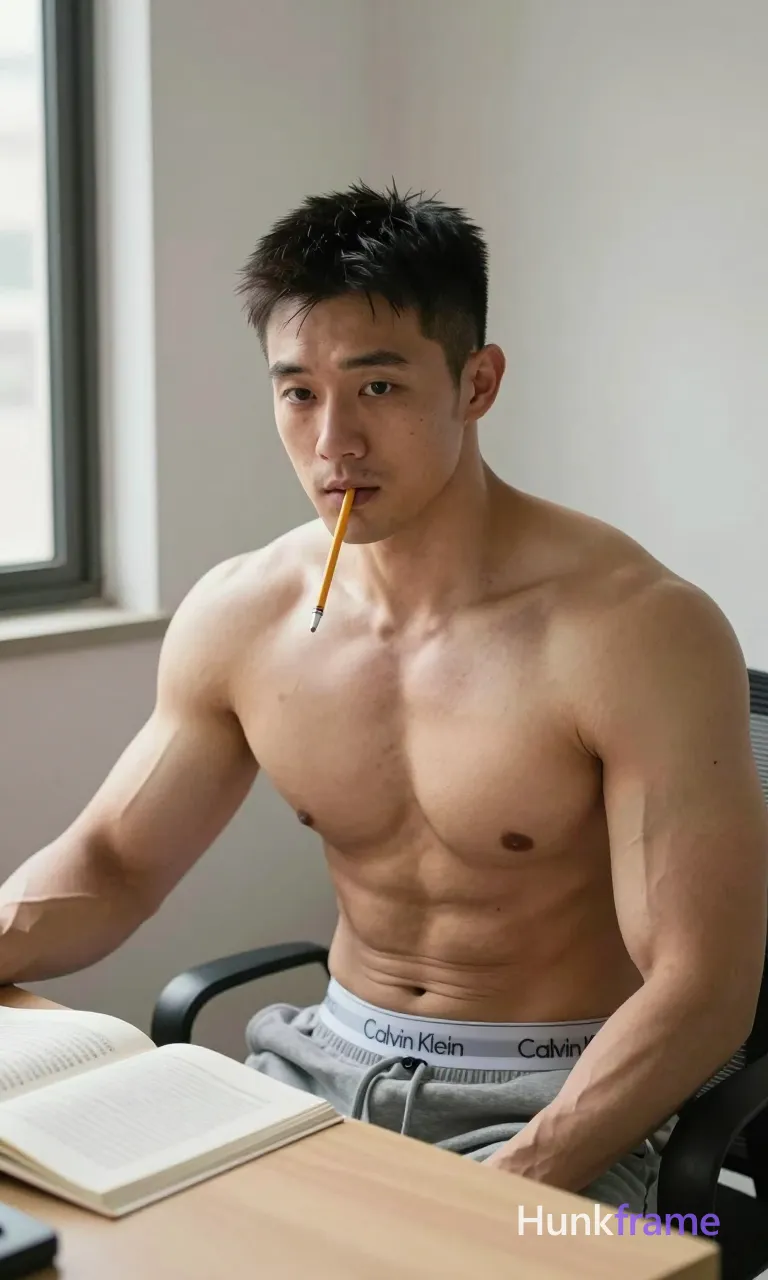 Photograph of exactly 1 adult man. Man 1: Asian, light-medium, square-jawed with defined cheekbones and a straight nose bridge, short, dark black hair, textured top with slightly longer length on crown, tapered sides and back, smooth chin and jawline, small dark mole/freckle on upper sternum. Man 1 has fully exposed eyes, eyebrows, temples and nose bridge. Highly muscular build with defined pectorals, prominent arm vascularity. Seated holding yellow pencil between lips while leaning forward at desk. Shirtless upper body paired with grey Calvin Klein sweatpants featuring white waistband text. Vertical portrait crop occupying right two-thirds of frame against light-colored walls. Indoor room with natural daylight from window illuminating beige desk, open books. Soft natural shadows cast by window creating fine-art photography aesthetic. Neutral palette emphasizing sculpted physique in casual studious atmosphere
