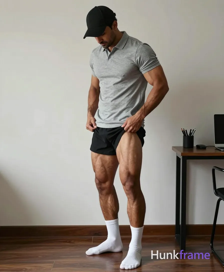 A handsome adult man with light to medium tan skin stands sideways in a minimalist room, head bowed under a black baseball cap; He wears a heather grey short-sleeve polo buttoned at the second collar and pulls up his black athletic shorts with both hands, exposing thick thighs and defined calves while weight shifts onto the right leg; White crew socks meet bare feet on dark wood flooring; desk equipment sits to the right; Soft directional natural light from the right casts subtle shadows across sculpted muscle definition in this fine-art photography editorial shot, same aesthetic theme and photo feel as the reference but a different man in a different pose with distinct body proportions, South Asian man, medium brown skin, thick brows, gymnast lean muscle; single clean uninterrupted photograph with a cohesive editorial composition and plain continuous surrounding surfaces