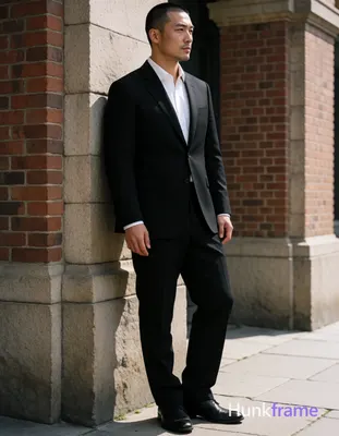 Asian man with short buzz cut and light stubble stands in three-quarter profile leaning against a st