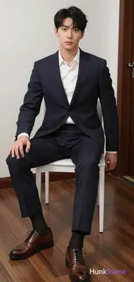 Adult man seated on a white chair, legs spread apart with right leg crossed over left knee, torso up