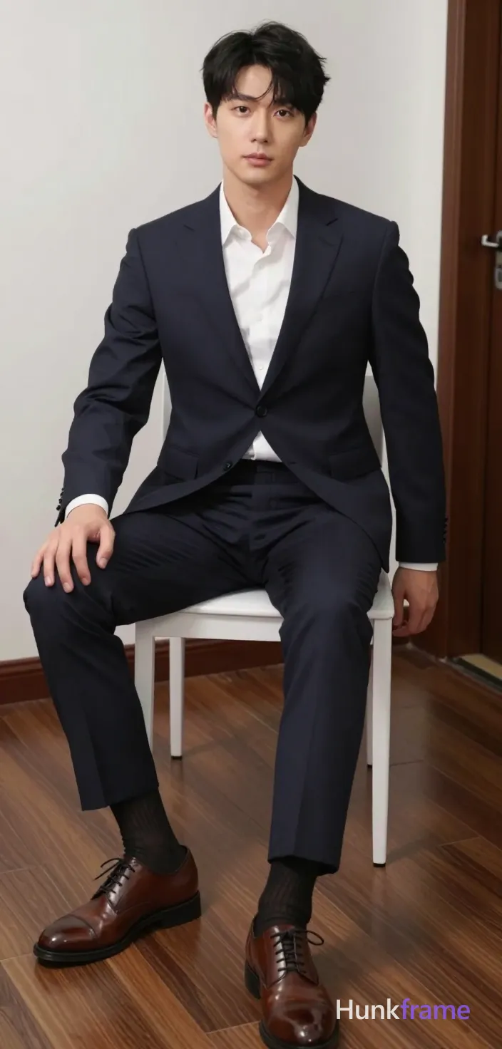 Adult man seated on a white chair, legs spread apart with right leg crossed over left knee, torso upright and slightly angled to the viewer's left. Wearing dark navy single-breasted suit jacket buttoned at top, open collar white dress shirt with sleeves rolled up showing forearms and cuffs, matching navy trousers, black sheer socks, brown leather lace-up oxford shoes. Indoor room with white walls, dark wood flooring, dark wooden door frame in background. Soft indoor ambient light casting even illumination on suit fabric. Vertical phone-camera crop excluding head at top edge, centered horizontally. Clean composition focusing on suit fit and leg positioning., same aesthetic theme and photo feel as the reference but a different man in a different pose with distinct body proportions, lean Korean man, sharp jaw, monolid eyes, slim swimmer build, natural black hair, a single uninterrupted photograph only, no written words or typography anywhere in frame, no captions, no app UI, no social-media post layout, no screenshot borders