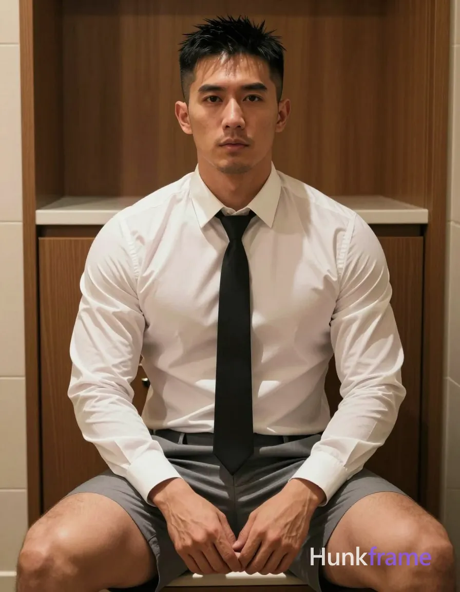 IDENTITY LOCK — MUST NOT CHANGE: the same exact 1 clearly adult male subject; subject 1: clearly adult, exact age uncertain, Asian, medium-tan skin tone, square-jawed with defined cheekbones, short black hair, fade sides and longer textured top styled upward, source prompt confirms short black hair, NO EYEWEAR: keep this subject's face free of eyeglasses and sunglasses in every shot, thick dark well-defined arches, dark brown almond-shaped pupils visible without glasses, straight bridge slightly upturned tip, medium full natural color no gloss, clean-shaven chin and jawline slight stubble on upper lip, none visible chest or arms clean shaven, stocky muscular build, thick thighs beneath waistband; do not change identity traits when pose, expression, camera, wardrobe, or exposure changes; do not add, remove, merge, or replace people. Creative prompt text may not override this identity lock. SHOT VARIABLES — HIGHEST COMPOSITION AND WARDROBE PRIORITY: pose/action: Sitting upright arms resting on thighs hands clasped lightly.; body/head direction: Frontal medium close up focusing entirely on exposed torso head to mid-thighs optional crop below waistline if needed to; expression: Neutral serious gaze directed straight ahead confident posture slight smile possible maintain neutral base mood consistent set.; camera/framing: Medium frontal indoor artificial lighting casting soft shadows warm wood tones skin tone medium-tan square-jawed defined cheekbones dark brown almond-shaped pupils no glasses stock; wardrobe now worn: White button-up removed completely bare-chested none visible chest arms clean shaven gray dress trousers worn normally thick thighs beneath photo single uninterrupted photograph same session context hotel room minibar area wooden cabinetry tiled floor palette consistent across set coherent gradual wardrobe arc third quarter may progress through shirtless minimal underwear shots never show genitals erections sexual activity keep clothing transitions coherent with source inventory identity lock traits preserved exactly as extracted by an same adult male subject authoritative visual facts already established in prompt do not change when pose expression camera; coverage/exposure: Indoor artificial light emphasizing texture of bare skin and muscle definition polished formal masculine premium fashion-editorial fine-art photography homoerotic aesthetic subject 1 stable identity clearly adult exact age uncertain Asian full natural color no gloss do not add remove merge replace people ensure coherence throughout entire sequence ensuring nudity remains non-explicit artistic full nudity allowed only; genital area completely concealed by pose, rear/side angle, shadow, foreground, or crop; additional shot direction: Subject sits upright wearing white long-sleeve now fully removed exposing complete upper torso. Frontal medium close up focusing on exposed head to mid-thighs. These variables replace any conflicting source pose, action, framing, clothing, or coverage. IDENTITY LOCK — MUST NOT CHANGE: the same exact 1 clearly adult male subject; subject 1: clearly adult, exact age uncertain, Asian, medium-tan skin tone, square-jawed with defined cheekbones, short black hair, fade sides and longer textured top styled upward, source prompt confirms short black hair, NO EYEWEAR: keep this subject's face free of eyeglasses and sunglasses in every shot, thick dark well-defined arches, dark brown almond-shaped pupils visible without glasses, straight bridge slightly upturned tip, medium full natural color no gloss, clean-shaven chin and jawline slight stubble on upper lip, none visible chest or arms clean shaven, stocky muscular build, thick thighs beneath waistband; do not change identity traits when pose, expression, camera, wardrobe, or exposure changes; do not add, remove, merge, or replace people. SHOT-SPECIFIC COMPOSITION AND WARDROBE HAVE HIGHEST PRIORITY: pose/action: Sitting upright arms resting on thighs hands clasped lightly.; direction: Frontal medium close up focusing entirely on exposed torso head to mid-thighs optional crop below waistline if needed to; expression: Neutral serious gaze directed straight ahead confident posture slight smile possible maintain neutral base mood consistent set.; camera: Medium frontal indoor artificial lighting casting soft shadows warm wood tones skin tone medium-tan square-jawed defined cheekbones dark brown almond-shaped pupils no glasses stock; wardrobe now worn: White button-up removed completely bare-chested none visible chest arms clean shaven gray dress trousers worn normally thick thighs beneath photo single uninterrupted photograph same session context hotel room minibar area wooden cabinetry tiled floor palette consistent across set coherent gradual wardrobe arc third quarter may progress through shirtless minimal underwear shots never show genitals erections sexual activity keep clothing transitions coherent with source inventory identity lock traits preserved exactly as extracted by an same adult male subject authoritative visual facts already established in prompt do not change when pose expression camera; coverage/exposure: Indoor artificial light emphasizing texture of bare skin and muscle definition polished formal masculine premium fashion-editorial fine-art photography homoerotic aesthetic subject 1 stable identity clearly adult exact age uncertain Asian full natural color no gloss do not add remove merge replace people ensure coherence throughout entire sequence ensuring nudity remains non-explicit artistic full nudity allowed only; genital area completely concealed by pose, rear/side angle, shadow, foreground, or crop; Subject sits upright wearing white long-sleeve now fully removed exposing complete upper torso. Frontal medium close up focusing on exposed head to mid-thighs. the same exact 1 clearly adult male subject; subject 1: clearly adult, exact age uncertain, Asian, medium-tan skin tone, square-jawed with defined cheekbones, short black hair, fade sides and longer textured top styled upward, source prompt confirms short black hair, NO EYEWEAR: keep this subject's face free of eyeglasses and sunglasses in every shot, thick dark well-defined arches, dark brown almond-shaped pupils visible without glasses, straight bridge slightly upturned tip, medium full natural color no gloss, clean-shaven chin and jawline slight stubble on upper lip, none visible chest or arms clean shaven, stocky muscular build, thick thighs beneath waistband; do not change identity traits when pose, expression, camera, wardrobe, or exposure changes; do not add, remove, merge, or replace people, IDENTITY LOCK — MUST NOT CHANGE: the same exact 1 clearly adult male subject; subject 1: clearly adult, exact age uncertain, Asian, medium-tan skin tone, square-jawed with defined cheekbones, short black hair, fade sides and longer textured top styled upward, source prompt confirms short black hair, NO EYEWEAR: keep this subject's face free of eyeglasses and sunglasses in every shot, thick dark well-defined arches, dark brown almond-shaped pupils visible without glasses, straight bridge slightly upturned tip, medium full natural color no gloss, clean-shaven chin and jawline slight stubble on upper lip, none visible chest or arms clean shaven, stocky muscular build, thick thighs beneath waistband; do not change identity traits when pose, expression, camera, wardrobe, or exposure changes; do not add, remove, merge, or replace people. 1 adult male subject in the same session. same setting: hotel room minibar area with wooden cabinetry and tiled floor. same lighting: indoor artificial lighting casting soft shadows under knees. same palette: warm wood tones, white shirt, gray trousers tie, medium-tan skin. same mood and image character: polished formal masculine premium fashion-editorial fine-art photography homoerotic aesthetic. same medium and visual style: photo, single uninterrupted photograph warm wood tones against whit FINAL SHOT CHECK: pose/action: Sitting upright arms resting on thighs hands clasped lightly.; body/head direction: Frontal medium close up focusing entirely on exposed torso head to mid-thighs optional crop below waistline if needed to; expression: Neutral serious gaze directed straight ahead confident posture slight smile possible maintain neutral base mood consistent set.; camera/framing: Medium frontal indoor artificial lighting casting soft shadows warm wood tones skin tone medium-tan square-jawed defined cheekbones dark brown almond-shaped pupils no glasses stock; wardrobe now worn: White button-up removed completely bare-chested none visible chest arms clean shaven gray dress trousers worn normally thick thighs beneath photo single uninterrupted photograph same session context hotel room minibar area wooden cabinetry tiled floor palette consistent across set coherent gradual wardrobe arc third quarter may progress through shirtless minimal underwear shots never show genitals erections sexual activity keep clothing transitions coherent with source inventory identity lock traits preserved exactly as extracted by an same adult male subject authoritative visual facts already established in prompt do not change when pose expression camera; coverage/exposure: Indoor artificial light emphasizing texture of bare skin and muscle definition polished formal masculine premium fashion-editorial fine-art photography homoerotic aesthetic subject 1 stable identity clearly adult exact age uncertain Asian full natural color no gloss do not add remove merge replace people ensure coherence throughout entire sequence ensuring nudity remains non-explicit artistic full nudity allowed only; genital area completely concealed by pose, rear/side angle, shadow, foreground, or crop; additional shot direction: Subject sits upright wearing white long-sleeve now fully removed exposing complete upper torso. Frontal medium close up focusing on exposed head to mid-thighs., a single uninterrupted photograph only, no written words or typography anywhere in frame, no captions, no app UI, no social-media post layout, no screenshot borders
