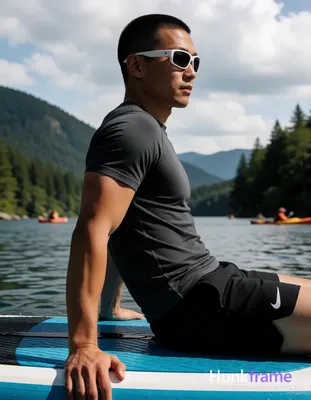 Asian man with short buzz cut and white-framed sunglasses arms pushed up behind ears, seated sideway
