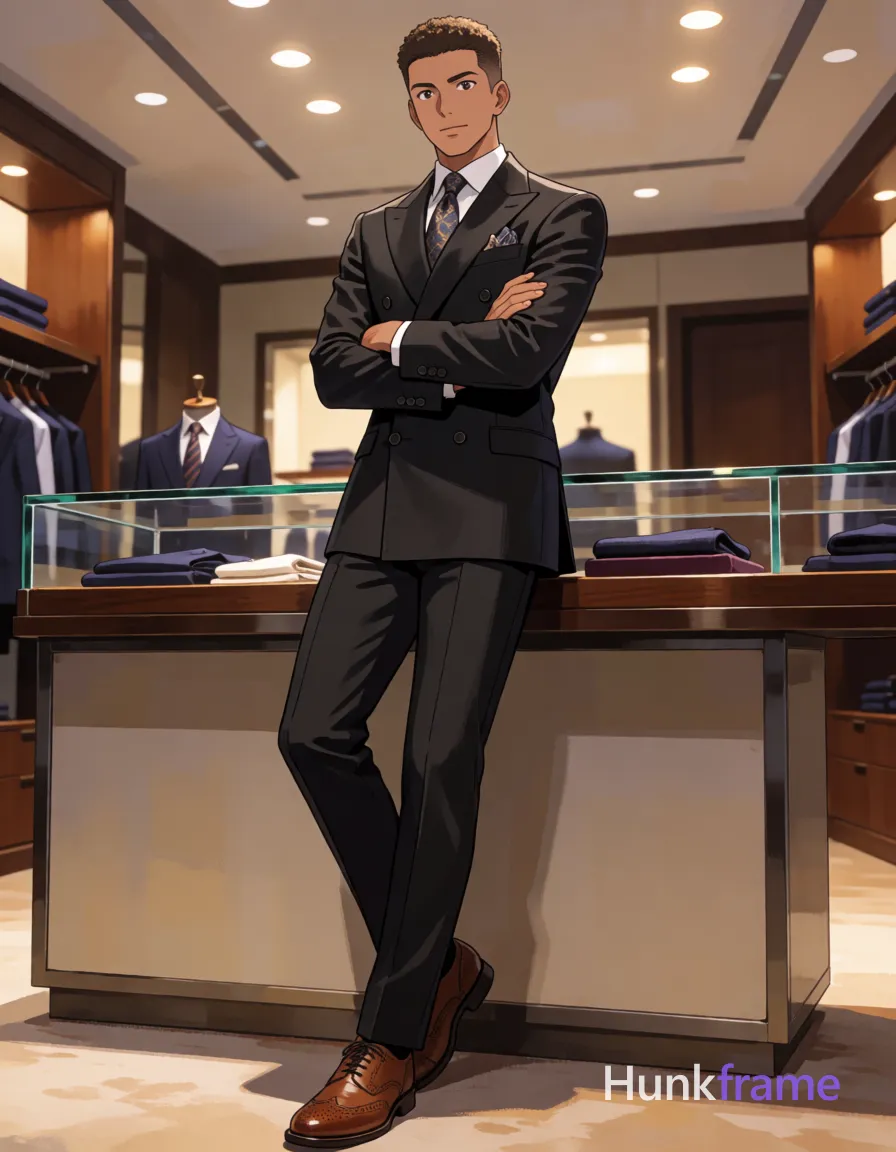 an anonymous figure man with light to medium tan skin and short textured crop cut hair, clean-shaven chin with light upper lip stubble, standing upright leaning against glass display counter in luxury menswear boutique; Arms crossed tightly over chest, weight shifted slightly left leg, right foot flat while left foot obscured behind edge; Wearing dark charcoal double-breasted suit jacket with peak lapels and buttoned front, matching slim-fit trousers in same fabric, white dress shirt collar visible at neckline, patterned silk tie knotted neatly, pocket square folded crisply in left breast pocket, brown leather brogue shoes with wingtip detailing; Polished anime 2.5D next-gen game art style with expressive face and athletic anatomy, high-quality character rendering; Vertical 13:19 aspect ratio, warm ambient lighting with recessed ceiling fixtures illuminating space evenly, clean lines and controlled depth of field; single clean uninterrupted artwork with a cohesive composition and plain continuous surrounding surfaces