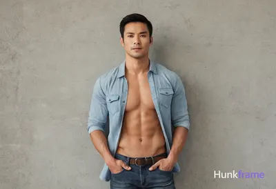 A handsome Asian man with short black hair and brown eyes, standing straight aga