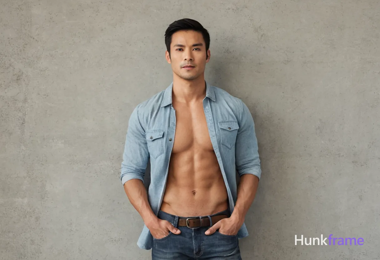 A handsome Asian man with short black hair and brown eyes, standing straight against a textured gray concrete wall under soft cinematic lighting. The setting features a neutral background in shades of gray, emphasizing his muscular physique and defined facial features through subtle shadows and natural skin tones