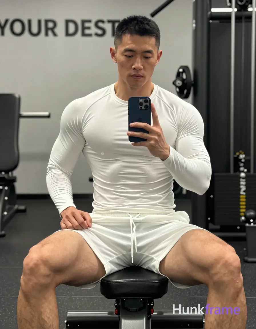 Asian adult man with short black buzz cut and clean-shaven face, neutral expression gazing directly into mirror reflection; Seated on gym bench facing forward in vertical portrait composition, legs spread wide apart with knees bent to prominently display thick quads and defined glutes; Shirtless torso covered by form-fitting white long-sleeve compression shirt clinging from neck to waistline; matching white athletic shorts ending mid-thigh showing drawstring waistband at front center; Holding dark blue smartphone vertically in right hand capturing reflection, left hand resting on left thigh near hip area; Background features gym equipment behind him on the right side and partial wall text 'YOUR DEST'; High-contrast lighting emphasizes sculpted musculature of abdomen including defined abs and obliques against industrial fluorescent glow; FULL TEXT REPLACEMENT: remove every original source word, sentence, slogan, logo, and partial spelling from the text-bearing area, then replace it with only the wordmark, spelled exactly "hunkframe" in the original compositional text position; This is replacement; Preserve appropriate typography and scale; No other visible text; single clean uninterrupted photograph with a cohesive editorial composition and plain continuous surrounding surfaces