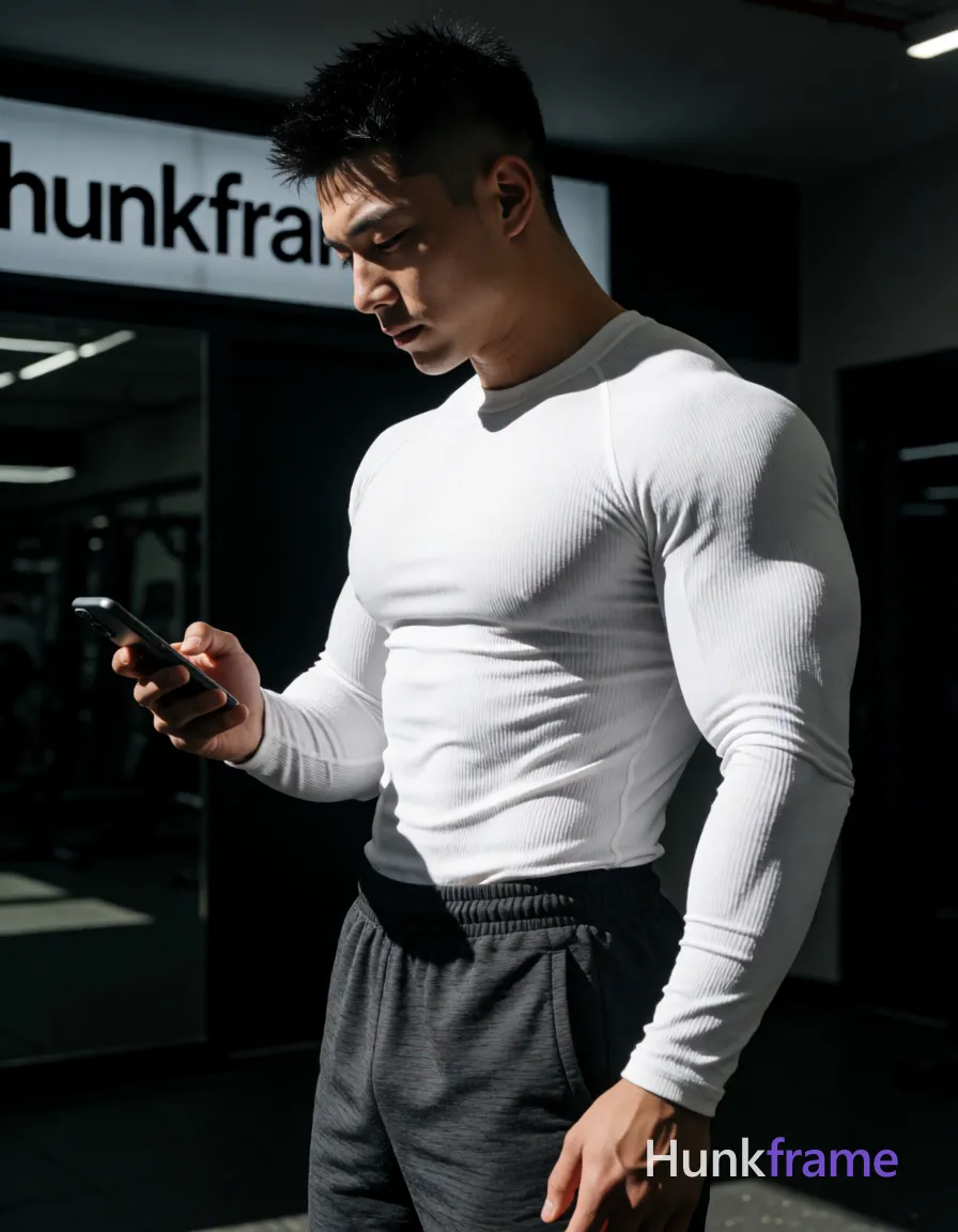 Heavily muscular adult man with substantial muscle mass, wide shoulders, thick neck, large chest and arms, powerful thighs, and dense bodybuilding proportions; Asian man with short spiky black hair and faded undercut, clean-shaven chin with light upper lip stubble; Standing in profile facing left, head tilted down holding smartphone in right hand scrolling content; Wearing tight white ribbed long-sleeve compression shirt showing broad shoulders, defined pectorals, and tight ribcage definition; dark gray textured athletic shorts with visible waistband and side pocket; Indoor gym setting with dark walls, reflective floor, partial signage background; Dramatic directional lighting from upper-left casting strong shadows across face and torso, high-contrast chiaroscuro emphasizing musculature; Fine-art photography aesthetic, sculpted lighting, premium fashion-editorial tone, vertical portrait crop center-right; FULL TEXT REPLACEMENT: remove every original source word, sentence, slogan, logo, and partial spelling from the text-bearing area, then replace it with only the wordmark, spelled exactly "hunkframe" on the sign in the composition; This is replacement; Preserve appropriate typography and scale; No other visible text; single clean uninterrupted photograph with a cohesive editorial composition and plain continuous surrounding surfaces