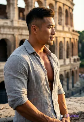 Asian man with short dark brown undercut hair and clean-shaven face posing sensually in 3/4 profile 