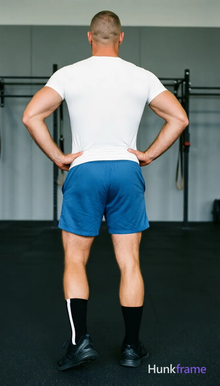 Full body vertical shot from behind of an adult man with light to medium skin and a short dark buzz cut; He stands centered in a minimalist indoor gym, hands placed firmly on hips, left foot slightly forward; Wearing a white fitted short-sleeve t-shirt covering the torso completely, blue athletic shorts ending mid-thigh, black crew socks with a white vertical stripe on outer calf, and black athletic sneakers; Broad shoulders, defined lats, thick thighs visible under clean studio lighting; Even exposure, dark rubber flooring background, gray paneled walls, neutral focused mood; single clean uninterrupted photograph with a cohesive editorial composition and plain continuous surrounding surfaces