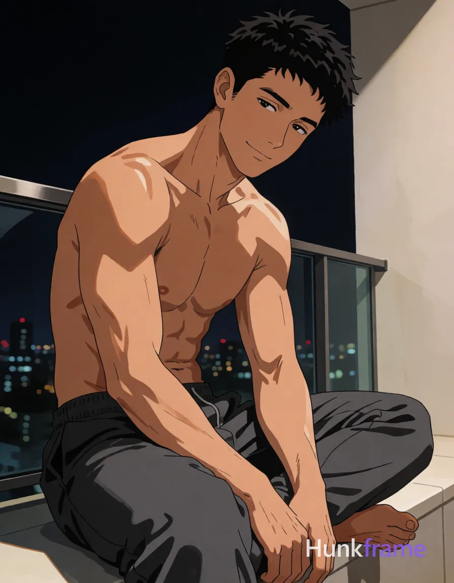 Polished anime style illustration of an Asian man with tanned skin and short black textured hair seated cross-legged on a balcony ledge; Shirtless torso displays broad shoulders, defined pectorals, visible abdominal definition, thick thighs in loose dark gray sweatpants; Soft contemplative smile with head tilted downward facing camera slightly angled; Nighttime city skyline background through glass railing, dramatic contrast between subject and dark environment, shallow depth of field blurring distant lights; single clean uninterrupted artwork with a cohesive composition and plain continuous surrounding surfaces