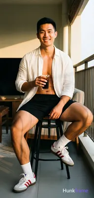 Asian man with light-medium skin and black short styled hair, clean-shaven face 