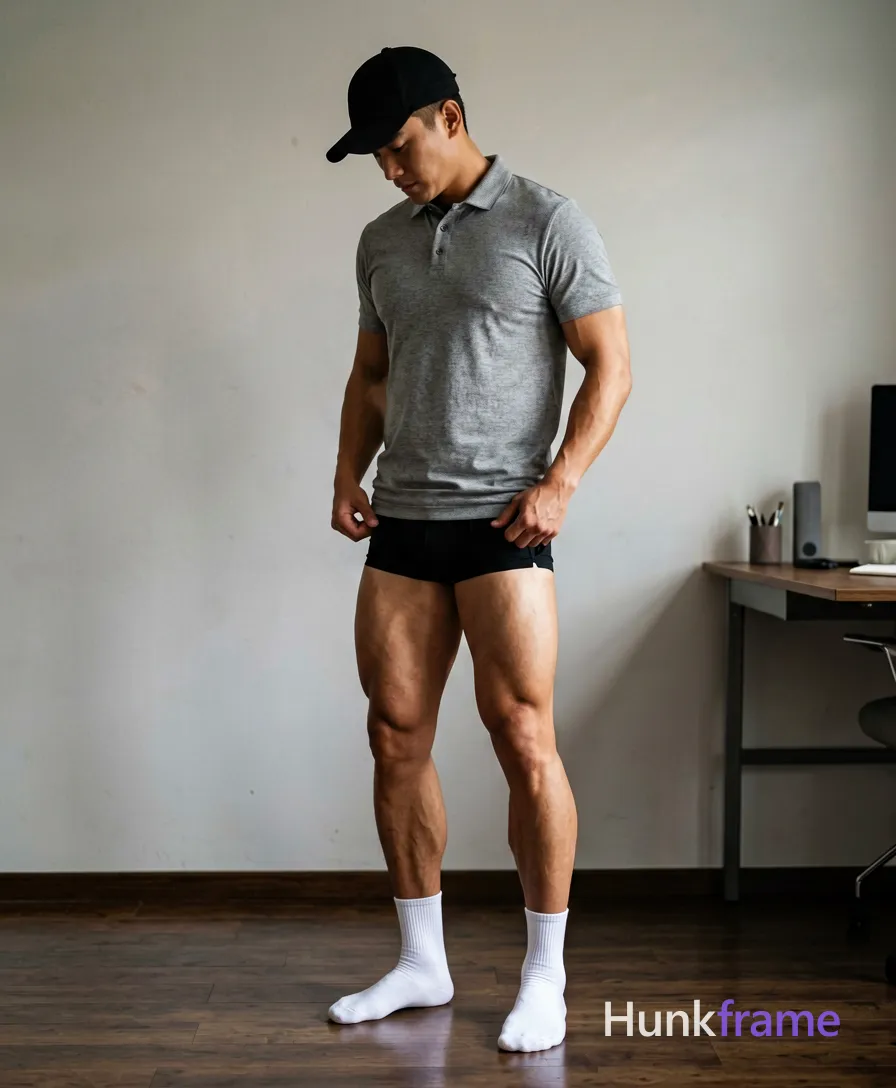 A handsome adult man with light to medium tan skin stands sideways in a minimalist room, head bowed under a black baseball cap; He wears a heather grey short-sleeve polo buttoned at the second collar and pulls up his black athletic shorts with both hands, exposing thick thighs and defined calves while weight shifts onto the right leg; White crew socks meet bare feet on dark wood flooring; desk equipment sits to the right; Soft directional natural light from the right casts subtle shadows across sculpted muscle definition in this fine-art photography editorial shot; securely fitted underwear or swim trunks with complete frontal coverage; single clean uninterrupted photograph with a cohesive editorial composition and plain continuous surrounding surfaces