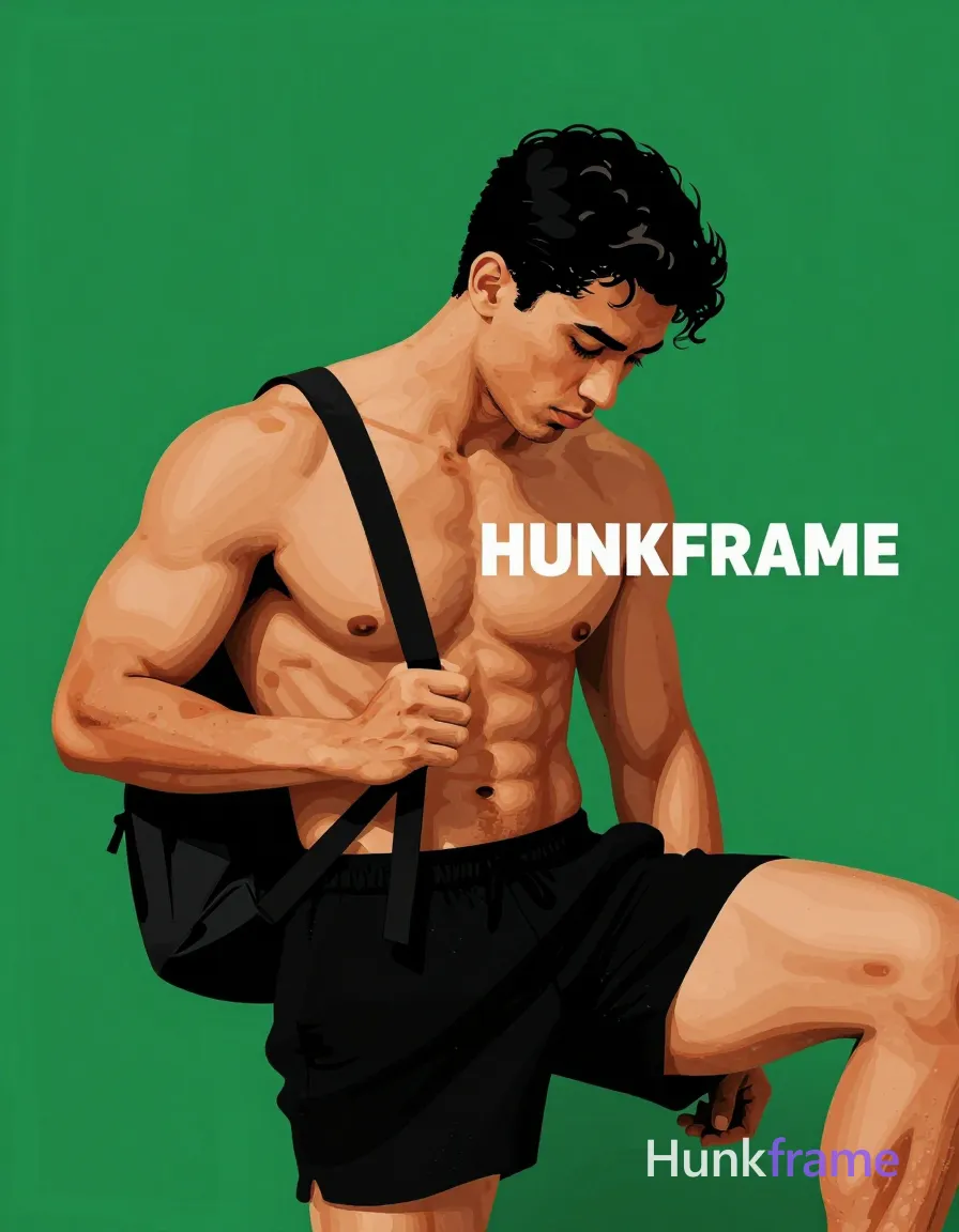 A bold flat-color wall art graphic of a muscular adult man with dark short slightly wavy hair and clean-shaven face. He is seated or crouched leaning forward, shirtless to show defined pectorals, deltoids, and abdominal definition on light to medium skin wearing black athletic shorts. His right thigh extends prominently into the bottom-right corner while holding a black strap draped over his shoulder with both hands near waist level. The composition occupies the right two-thirds of frame against a saturated green background. High-contrast dramatic directional lighting sculpts the physique in clean vector line style, creating an intense focused mood. Include exactly one visible wordmark, spelled exactly "HUNKFRAME", in the same compositional text position; preserve its appropriate typography and scale. No other visible text, logo, caption, username, hashtag, comment, watermark, or UI chrome., same aesthetic theme and photo feel as the reference but a different man in a different pose with distinct body proportions, Brazilian Latino man, warm olive skin, curly dark hair, compact athletic torso, a single uninterrupted photograph only, no written words or typography anywhere in frame, no captions, no app UI, no social-media post layout, no screenshot borders