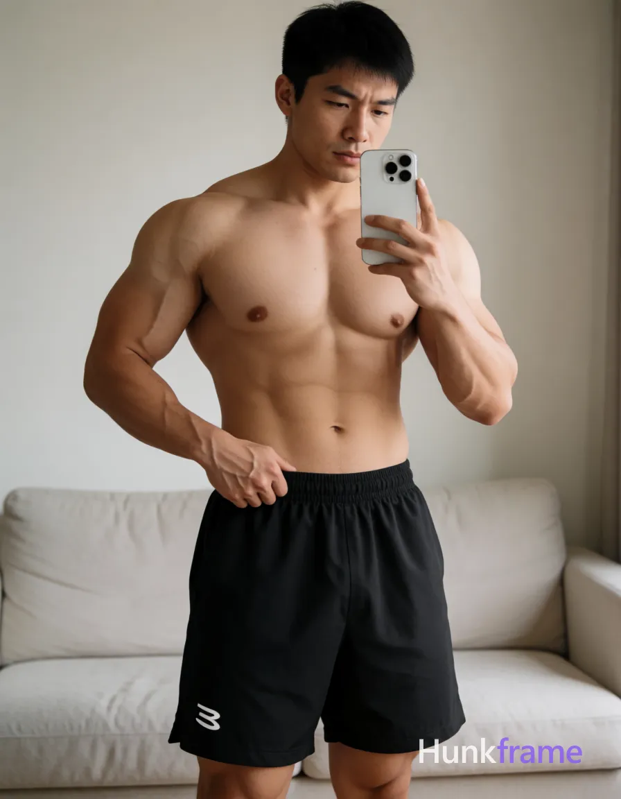 Heavily muscular adult man with substantial muscle mass, wide shoulders, thick neck, large chest and arms, powerful thighs, and dense bodybuilding proportions; Asian man with light to medium tan skin and short straight black hair stands shirtless in a vertical mirror selfie; He wears loose-fitting black athletic shorts reaching mid-thigh, featuring an elastic waistband and a small white stylized 'E' logo near the lower-left hem; His right hand grips the waistband while pulling fabric upward slightly; left hand holds a white smartphone steady for capture; Defined pectorals, deltoids, rectus abdominis, and vascular forearms are visible under soft frontal illumination in an indoor room with neutral walls and a light-colored sofa background; High-resolution detail on skin texture, clean composition emphasizing physique; single clean uninterrupted photograph with a cohesive editorial composition and plain continuous surrounding surfaces