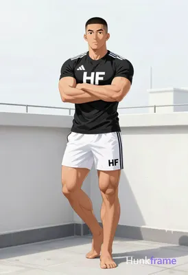 Polished anime style rendering of an Asian man with short black buzz cut and cle