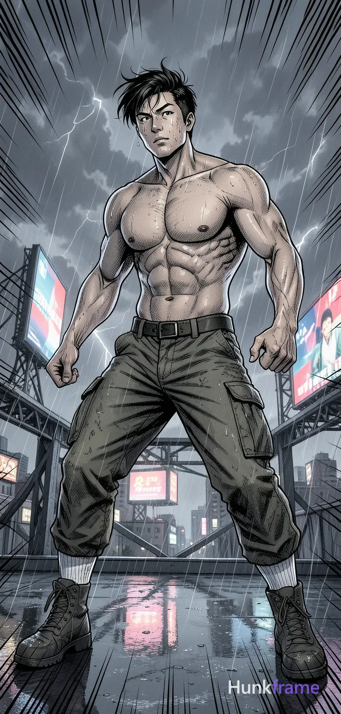 A full-body manga illustration of a handsome muscular Asian man in dynamic mid-battle stance on a storm-swept rooftop at twilight with speed lines and impact framing around his form; he wears worn tactical cargo pants, high-top laceless boots, thick white athletic socks visible, bare chest showing defined pectorals and vascularity under dramatic duotone shading with heavy screentone halftones and sharp inked linework; background features dark rain-slicked steel girders, flickering electric billboard glow reflecting off wet skin texture, swirling gray clouds filling the vertical canvas 704x1280 aspect ratio; atmospheric wind-blown hair asymmetry, grit on cheeks from training arc sweat, shallow depth of field isolating figure against stormy cityscape backdrop creating romantic homoerotic action aesthetic