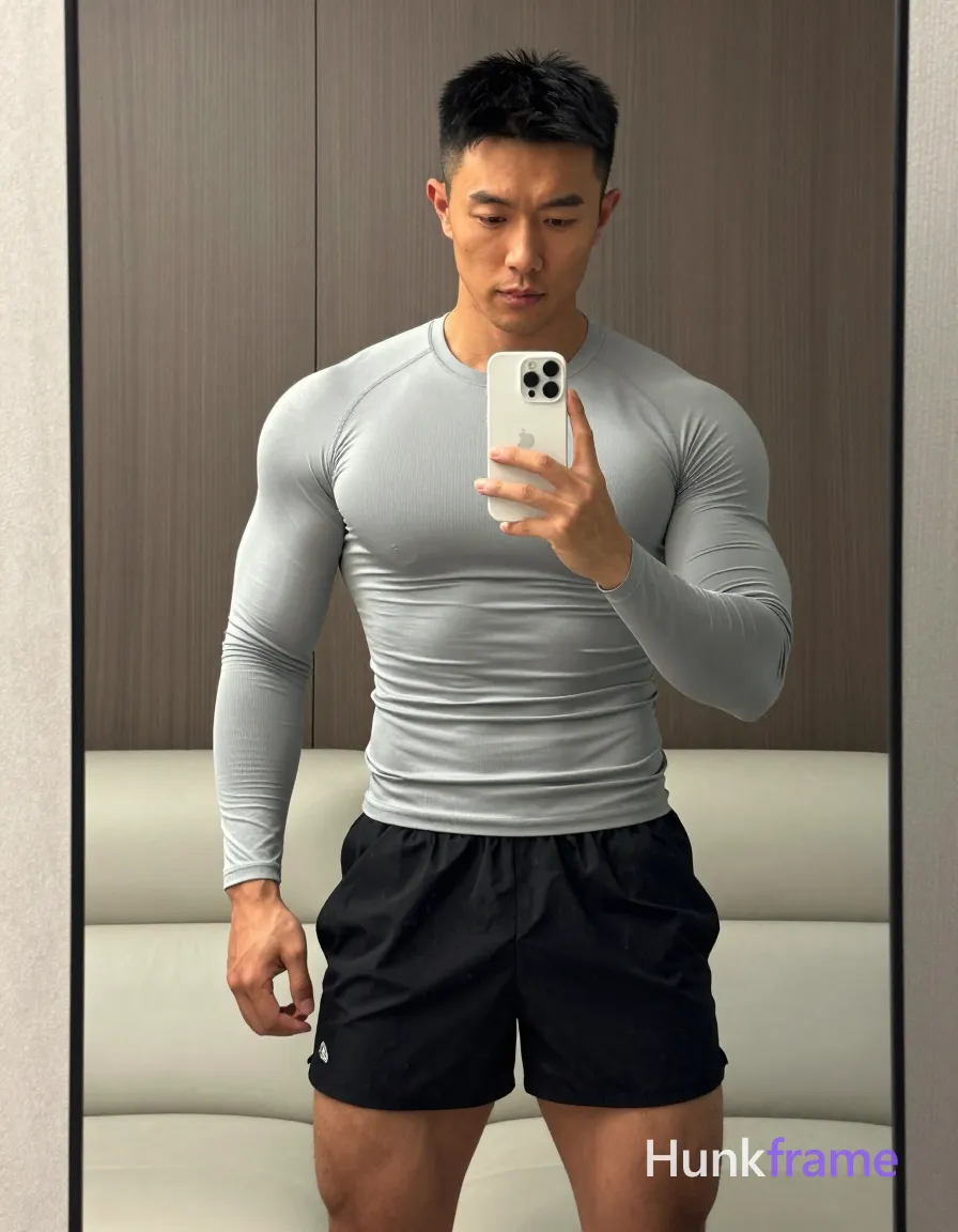 an anonymous figure adult man with light to medium tan skin and short black straight hair featuring a neat side parting, clean-shaven face standing in front of a mirror; He wears unobstructed face with both eyes, irises, eyebrows, temples, and nose bridge clearly visible, holding a white smartphone in his left hand capturing the reflection while his right arm rests by his side; Dressed in a tight-fitting ribbed light gray long-sleeve compression shirt and black athletic shorts with a small white logo on the lower left leg; The composition shows full torso to mid-thigh centered vertically in the mirror, revealing broad shoulders, defined pectorals, vascular forearms, and thick thighs; Setting is an indoor room with light-colored walls, dark wood paneling, and a partial view of a white sofa behind him under soft ambient lighting; single clean uninterrupted photograph with a cohesive editorial composition and plain continuous surrounding surfaces