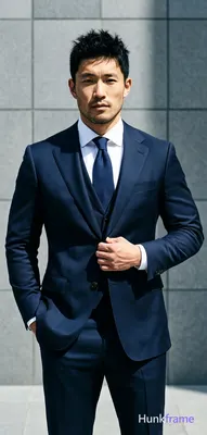 Asian man with short textured black hair and light chin stubble stands in a prem