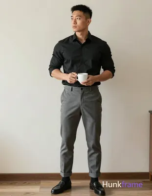Asian man with medium-dark skin and short black fade hair stands in a modern living room, fully clot