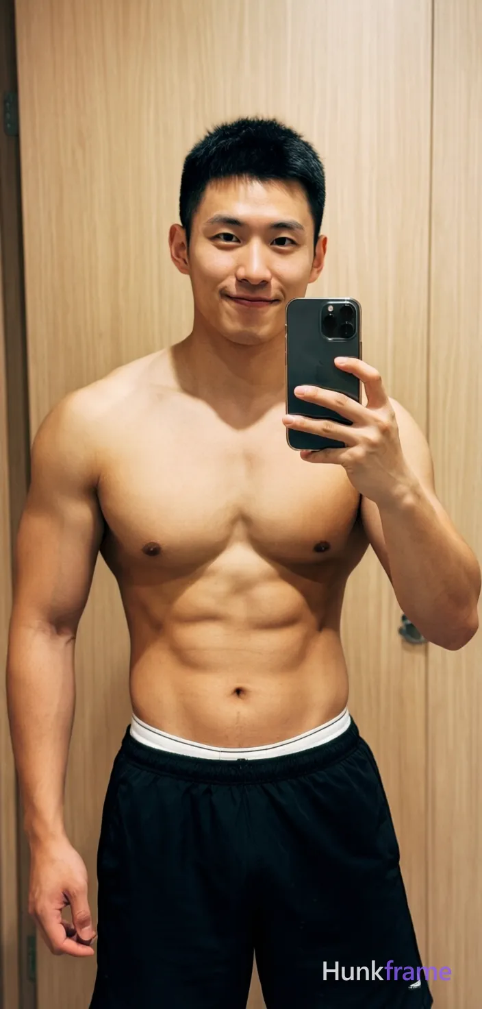 Asian muscular man with short black hair and clean-shaven face stands centered in a mirror selfie pose, holding dark smartphone right hand. Shirtless bare chest abdomen defined abs broad shoulders wearing black athletic shorts waistband visible white underwear waistband partially obscured. Indoor room light wood-paneled wall background warm indoor lighting neutral palette black white brown. Vertical portrait 13:19 aspect ratio full-body head to mid-thighs centered composition confident casual mood mirror selfie aesthetic social media post style., shot on iPhone 15 Pro main camera, authentic smartphone computational photography, natural Smart HDR and true-to-life skin texture, vertical 9:16 Xiaohongshu lifestyle feed, bright clean everyday scene, unretouched phone photo with subtle sensor grain, trendy Chinese internet 网红 aesthetic, candid influencer energy, Xiaohongshu mirror selfie, phone visible, soft ring light, authentic iPhone portrait mode bokeh, phone held naturally in one hand for selfie, phone visible in frame