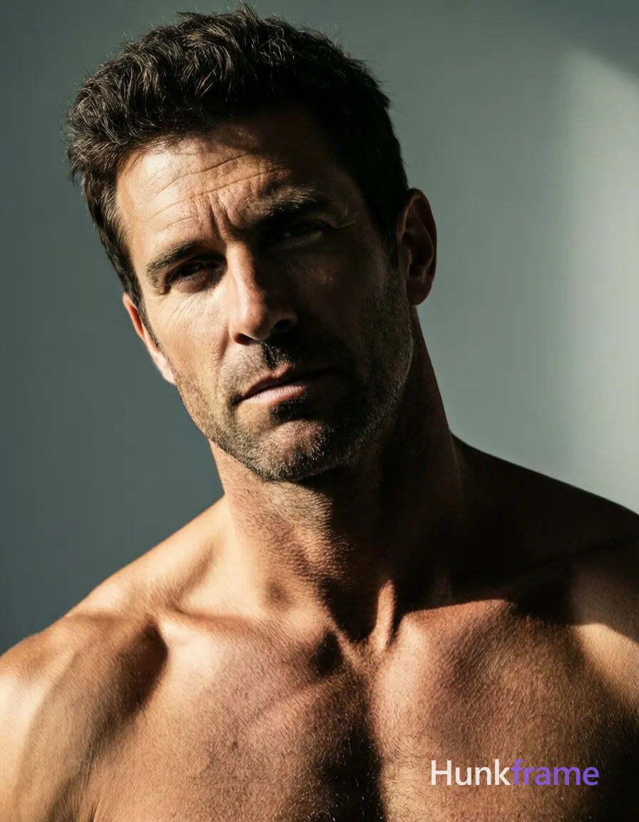 Adult man with dark brown short textured hair and light to medium skin, shirtless showing broad shoulders defined collarbones visible pectoral muscles. Head-and-shoulders close-up facing forward slight head tilt against a plain studio background but rendered in full-bleed vertical phone-wallpaper composition with clean negative space screen-safe vivid mood. Dramatic directional lighting from upper left casts high contrast shadows on face neck chest creating sculpted texture emphasis intense masculine sophisticated editorial vibe. Include exactly one visible wordmark, spelled exactly "hunkframe", in the same compositional text position; preserve its appropriate typography and scale. No other visible text, logo, caption, username, hashtag, comment, watermark, or UI chrome., a single uninterrupted photograph only, no written words or typography anywhere in frame, no captions, no app UI, no social-media post layout, no screenshot borders