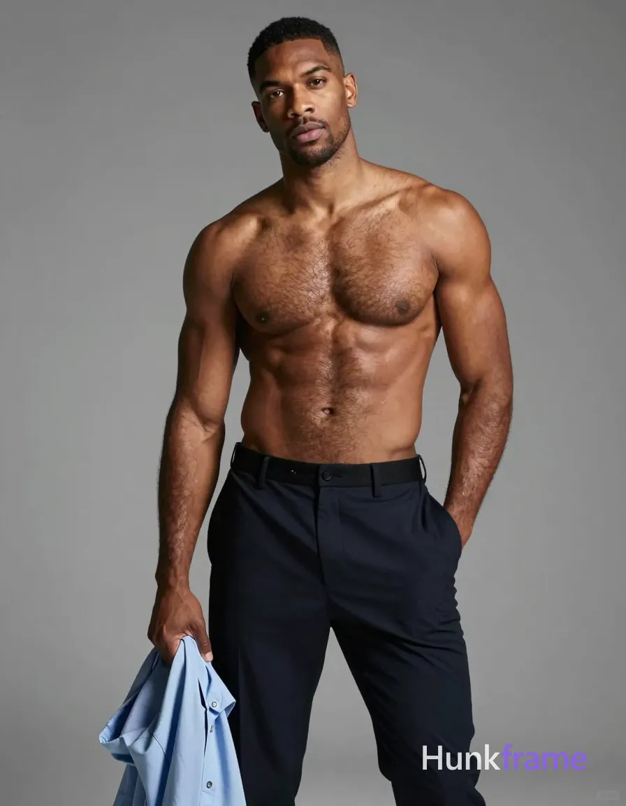 Vertical athletic photography portrait of a shirtless adult man with medium-tan skin and dense chest hair, sculpted pectorals, defined abs, broad shoulders; He stands slightly leaning left in an indoor gym setting; right hand grips waistband near hip pocket while holding light-blue button-up shirt bunched at elbow against torso; Dark navy tailored trousers with black webbing belt frame the composition from upper chest to mid-thighs; High-contrast directional lighting emphasizes detailed muscle definition and confident strength, soft shadows under pectorals, same aesthetic theme and photo feel as the reference but a different man in a different pose with distinct body proportions, Black man, deep brown skin, cropped hair, broad shoulders, boxer physique not bodybuilder; single clean uninterrupted photograph with a cohesive editorial composition and plain continuous surrounding surfaces