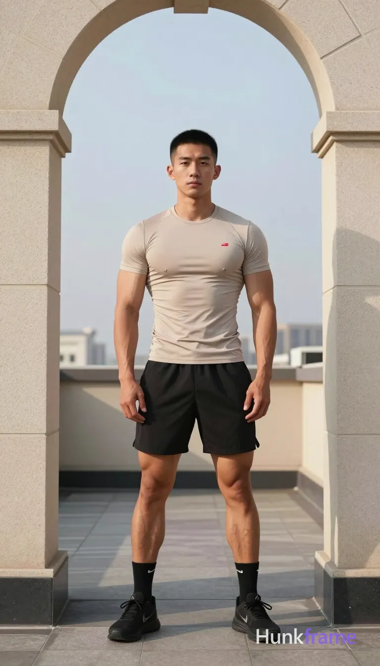 Asian man with light to medium tan skin and short black straight hair, clean-shaven head and face; He stands upright in a full body shot framed vertically through an archway formed by two stone pillars on a rooftop terrace under open sky; Wearing tight-fitting light beige compression-style t-shirt with small red logo on left chest, black athletic shorts ending mid-thigh, black crew socks with white Nike swoosh, and black athletic sneakers; Broad shoulders, defined pectorals, visible abdominal definition, thick thighs, well-developed quadriceps and calves; Neutral to serious gaze directed at camera, hands resting lightly near waistband of shorts; Natural daylight from above creating soft shadows on face and torso, warm ambient glow indicating low sun angle late afternoon; Clean lines, architectural framing, natural skin tones, high contrast between subject and background, minimalist urban rooftop setting; single clean uninterrupted photograph with a cohesive editorial composition and plain continuous surrounding surfaces