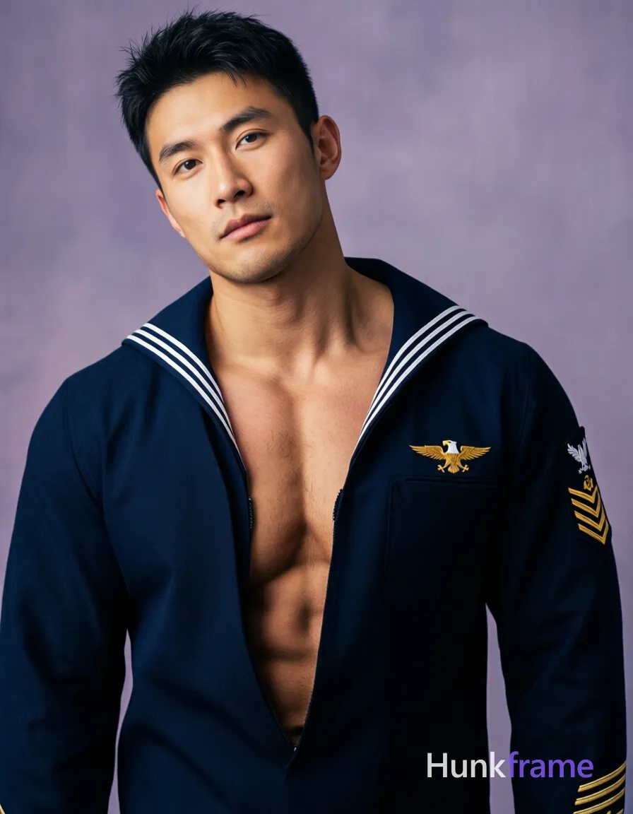 A handsome masculine man standing straight with his head slightly tilted forward. He is shirtless and wearing a navy blue sailor uniform with white trim, featuring a gold eagle emblem on the left chest. The photorealistic photograph has a soft romantic aesthetic, set against a muted purple background that highlights his broad shoulders and defined abs. The image maintains a vertical portrait orientation with a 400:503 aspect ratio
