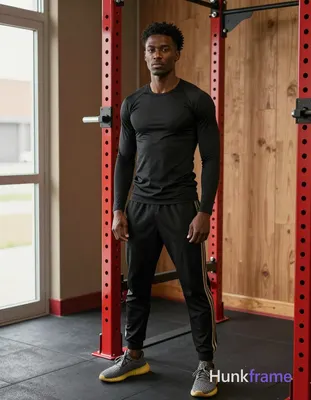Black man with medium-dark skin and short curly black hair, clean-shaven face, n