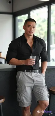 Asian man with medium-tan skin and short black buzz cut, clean-shaven chin with 