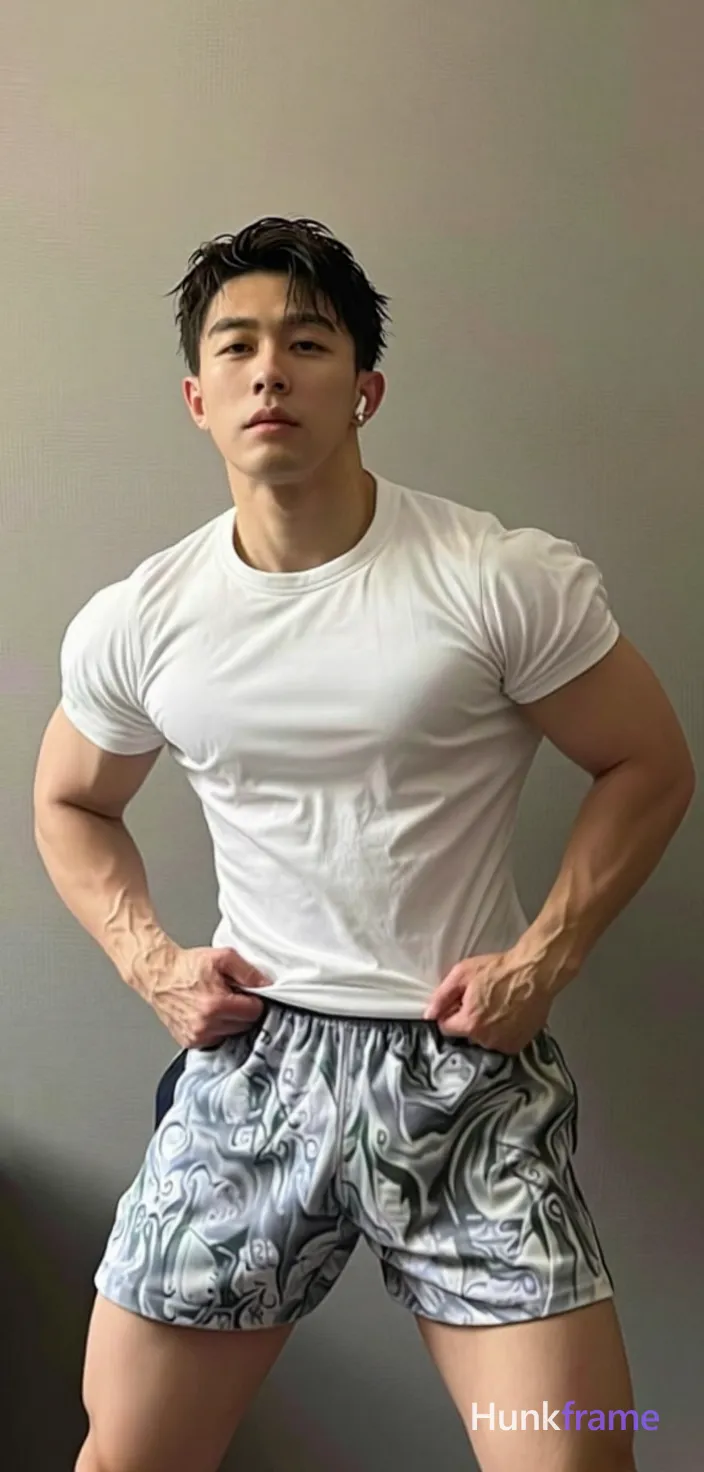Asian adult man with short dark tousled hair parted left and clean-shaven face, neutral serious expression; Standing facing camera leaning forward slightly, hands gripping white fitted crew-neck t-shirt hem at waist to pull fabric down exposing lower abdomen and hips in grey-and-white abstract athletic shorts; Artificial overhead lighting casting soft shadows behind subject with even frontal illumination on face and torso; Naturalistic photography moderate depth of field realistic skin texture fabric detail full-body mid-thigh up center-left framing confident masculine physique broad shoulders defined pectorals toned arms, shot on iPhone 15 Pro main camera, authentic smartphone computational photography, natural Smart HDR and true-to-life skin texture, vertical 9:16 Xiaohongshu lifestyle feed, bright clean everyday scene, unretouched phone photo with subtle sensor grain, trendy Chinese internet 网红 aesthetic, candid influencer energy; single clean uninterrupted photograph with a cohesive editorial composition and plain continuous surrounding surfaces