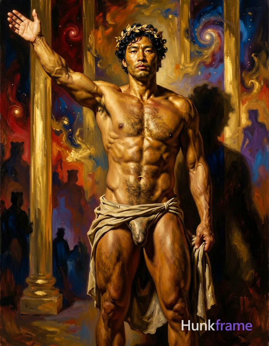 A rugged adult man with bronze-golden skin and short dark curly hair styled with a wreath-like accessory stands in contrapposto, left arm extended upward open-handed while right hand holds draped fabric at the hip. He is shirtless exposing bare chest, abdomen, shoulders, and thick thighs beneath a toga-style cloth around lower hips. His build features a sculpted torso with defined abs, broad shoulders, and dense body hair conveying bear energy against an abstract background of vertical golden columns and swirling cosmic patterns in deep reds, burnt oranges, gold/bronze tones, dark blues, purples, and black silhouettes. Dramatic directional lighting from front-left casts strong shadows on the right side creating high-contrast chiaroscuro that highlights rugged warm confidence. Textured brushwork renders a stylized classical figure in painterly style within a vertical portrait composition., wearing underwear or swim trunks, covered genitals, no frontal nudity, a single uninterrupted photograph only, no written words or typography anywhere in frame, no captions, no app UI, no social-media post layout, no screenshot borders