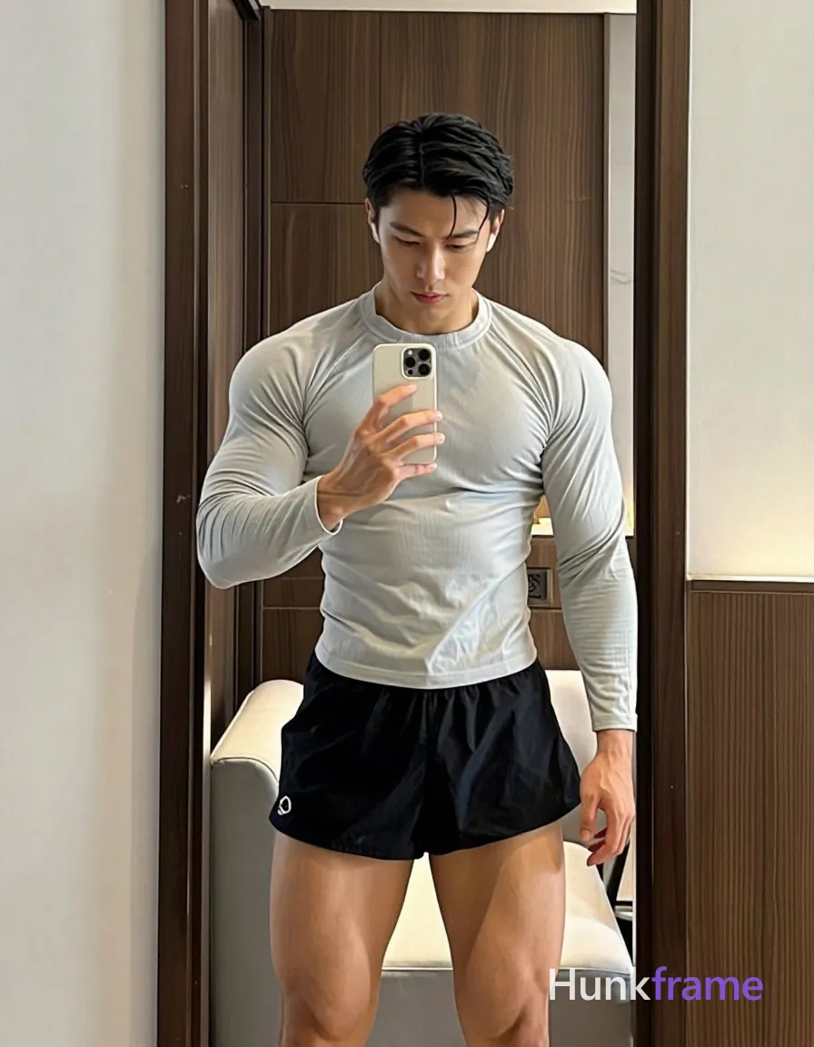 an anonymous figure adult man with light to medium tan skin and short black straight hair featuring a neat side parting, clean-shaven face standing in front of a mirror; He wears unobstructed face with both eyes, irises, eyebrows, temples, and nose bridge clearly visible, holding a white smartphone in his left hand capturing the reflection while his right arm rests by his side; Dressed in a tight-fitting ribbed light gray long-sleeve compression shirt and black athletic shorts with a small white logo on the lower left leg; The composition shows full torso to mid-thigh centered vertically in the mirror, revealing broad shoulders, defined pectorals, vascular forearms, and thick thighs; Setting is an indoor room with light-colored walls, dark wood paneling, and a partial view of a white sofa behind him under soft ambient lighting, shot on iPhone 15 Pro main camera, authentic smartphone computational photography, natural Smart HDR, vertical 9:16 Xiaohongshu lifestyle post, bright clean gym or cafe scene, wardrobe matching reference outfit, confident everyday; single clean uninterrupted photograph with a cohesive editorial composition and plain continuous surrounding surfaces