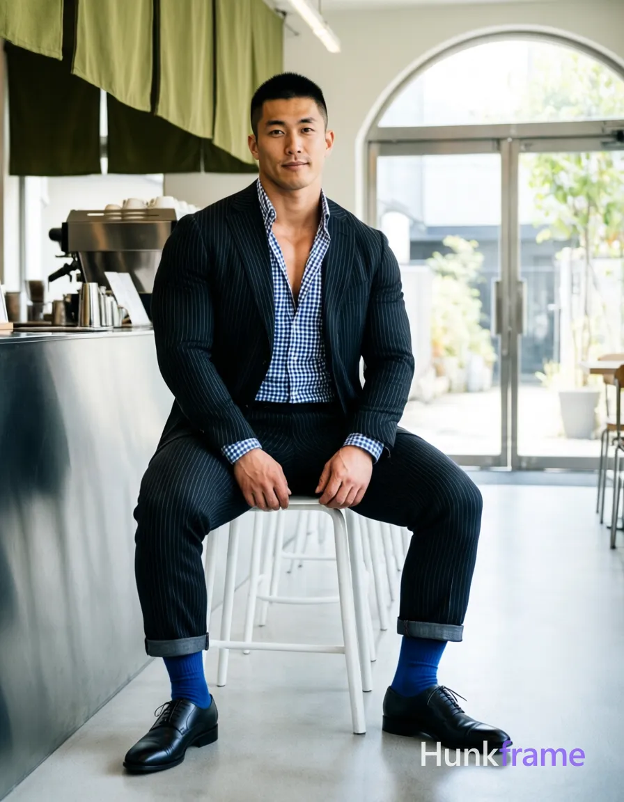 an anonymous figure man seated upright on white stool in modern coffee shop, slim build with short black buzz cut and clean-shaven face wearing dark pinstripe suit jacket over blue-and-white gingham shirt top buttons undone revealing upper chest; Hands resting on thighs and lap, feet flat on floor showing solid blue crew-neck socks above black leather cap-toe shoes; Background features stainless steel counter, hanging olive-green fabric shades, arched glass doorway to patio; High-key natural daylight streaming through arch creating soft shadows, shallow depth of field sharp focus on subject; Clean lines minimalist interior design vertical portrait composition 13:19 aspect ratio fine-art photography muscle bear aesthetic broad shoulders meaty chest rugged warm confidence preserved big-and-hairy build thick-thigh leg structure emphasized by cuffed trousers and seated posture modern coffee shop setting as backdrop, same aesthetic theme and photo feel as the reference but a different man in a different pose with distinct body proportions, Japanese man, soft masculine features, straight black hair, slim dancer build; single clean uninterrupted photograph with a cohesive editorial composition and plain continuous surrounding surfaces