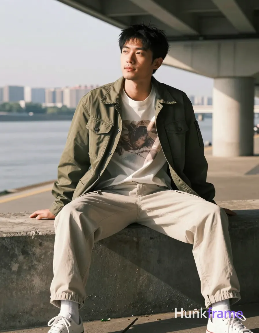 Asian man seated on a concrete ledge, legs spread wide apart left leg forward bent right extended back torso upright relaxed slight lean to viewer's left; He wears an olive green utility-style jacket worn open over a white graphic t-shirt with faded earth-toned print and light beige cargo pants with visible side pockets plus white low-top sneakers; Chest partially exposed due to open jacket revealing minimal chest hair broad shoulders defined collarbones slim waist short dark brown black textured crop top style slightly tousled no visible parting or bangs clean-shaven chin jawline light stubble on upper lip only calm contemplative expression slight upward gaze with soft smile; Outdoor riverside promenade beneath concrete overpass water visible to left distant cityscape in background natural sunlight from upper right casting warm highlights on face and shoulder soft shadows under chin and jacket folds directional daylight fine-art photography aesthetic editorial fashion styling naturalistic lighting cinematic contrast portrait centered occupying majority of vertical frame head to knees clean negative space screen; single clean uninterrupted photograph with a cohesive editorial composition and plain continuous surrounding surfaces