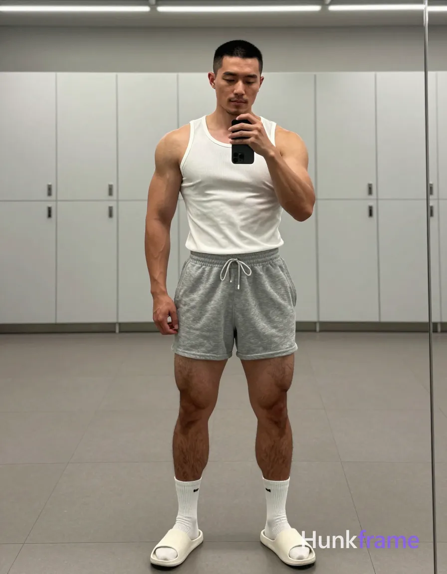 Asian man with short black buzz cut and light stubble stands full-body in front of a large mirror, facing forward with slight torso rotation left; He wears a white ribbed cotton sleeveless tank top exposing broad shoulders, defined pectorals, vascular arms, and neck; grey heathered sweatpants with drawstring sit at the waist over thick thighs clad in white crew socks pulled to mid-calf and white slide sandals; Right arm bent holding black smartphone vertically against chin taking a mirror selfie while left arm relaxes by side; Indoor locker room setting with white lockers and tiled floor under overhead fluorescent lights creating even illumination and soft shadows; High contrast between skin tones and clothing, minimalist composition centered on physique within the reflection, same aesthetic theme and photo feel as the reference but a different man in a different pose with distinct body proportions, Filipino man, golden brown skin, warm smile lines, compact muscular build; single clean uninterrupted photograph with a cohesive editorial composition and plain continuous surrounding surfaces