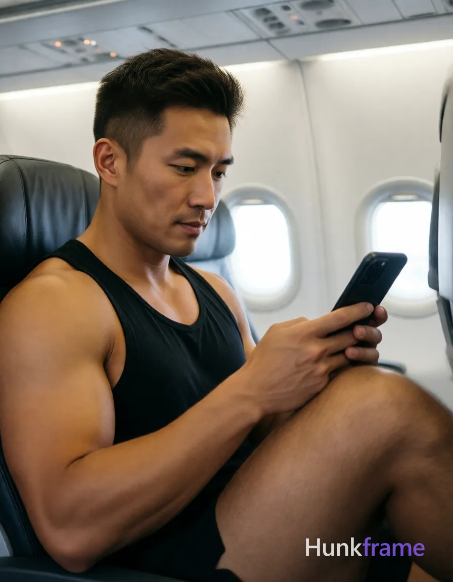 Photograph of exactly 1 adult man. Man 1: Asian, light to medium tan, oval with defined jawline, short, dark brown/black hair, textured top with faded sides and back, clean neckline at nape, clean-shaven. Man 1 has fully exposed eyes, eyebrows, temples and nose bridge. Muscular build with defined biceps, thick thigh musculature. Seated holding black smartphone scrolling while right knee raised. Black sleeveless tank top covering upper torso fully clothed. Vertical portrait crop showing head near center-right occupying frame. Airplane cabin interior with overhead panels, oval windows visible. Soft ambient cabin lighting mixed with natural light from airplane windows. Phone-camera aesthetic selfie-style composition with relaxed casual travel vibe