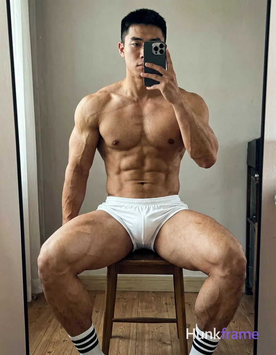 A handsome Asian man seated on a stool in front of a mirror, shirtless with white shorts and socks featuring black stripes, showcasing his athletic build with defined abs, thick muscular thighs, and vascular arms. The setting has soft lighting and neutral tones, highlighting the indoor environment with wooden floors. The image is a photorealistic portrait focusing on the upper body, emphasizing masculinity and athleticism in a casual and relaxed mood., shot on iPhone 15 Pro main camera, authentic smartphone computational photography, natural Smart HDR and true-to-life skin texture, vertical 9:16 Xiaohongshu lifestyle feed, bright clean everyday scene, unretouched phone photo with subtle sensor grain, trendy Chinese internet 网红 aesthetic, candid influencer energy, wearing underwear or swim trunks, covered genitals, no frontal nudity