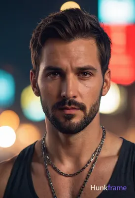 digital painting of a handsome masculine man with short dark messy hair, beard a