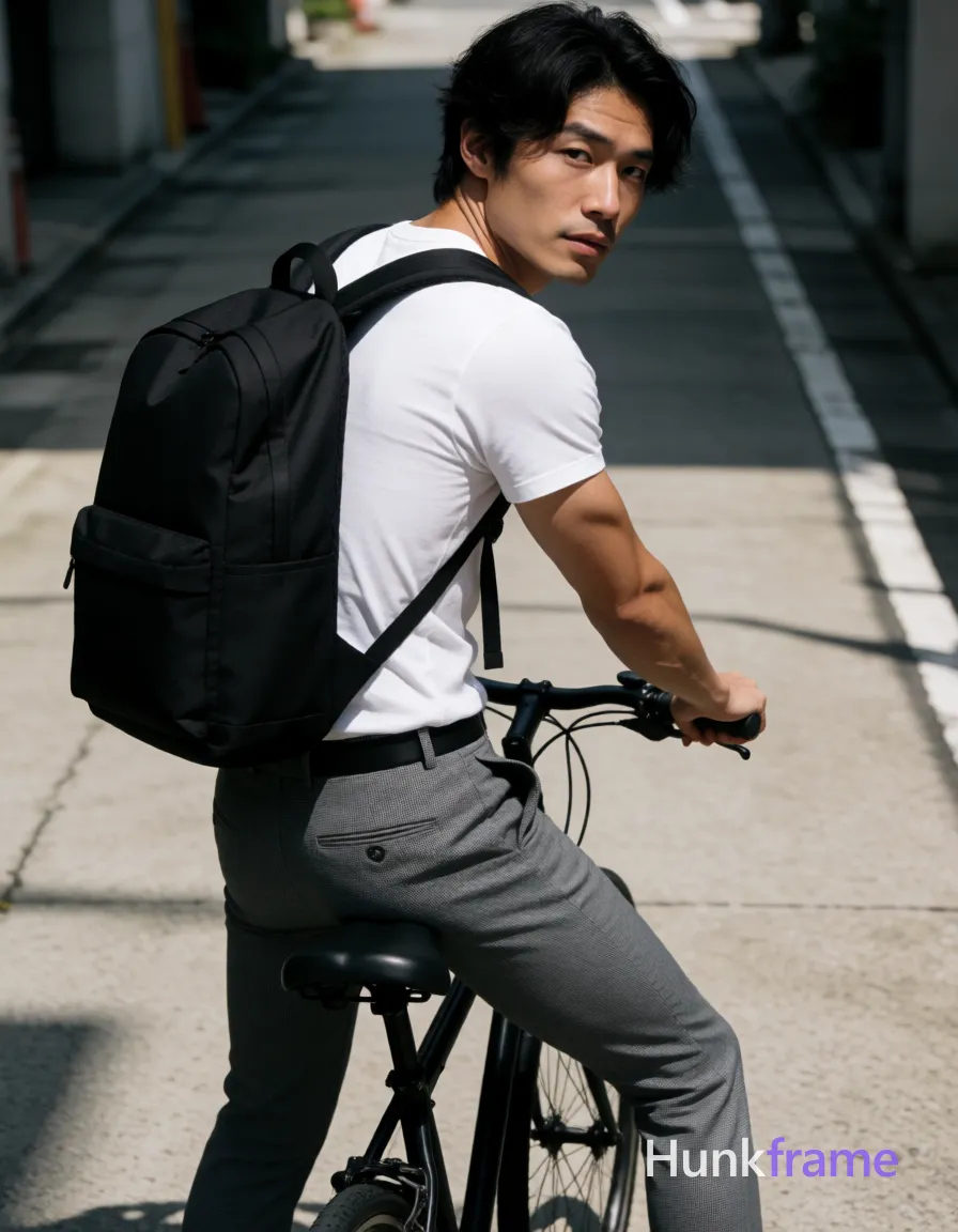 Asian man with light-medium skin, black medium-length slightly tousled hair parted on the side, clean-shaven face; He sits centered on a bicycle in an urban Japanese street setting, head turned to look over his left shoulder toward camera while leaning back gripping handlebars; Wearing fitted white short-sleeved t-shirt, grey slim-fit trousers with subtle textured pattern, black belt, and black backpack worn on back; Vertical 13:19 aspect ratio, high-resolution photography, sharp focus, natural outdoor lighting casting strong directional sunlight and sharp shadows; Head-to-mid-thigh framing showing broad shoulders, defined biceps, thick thighs, narrow waist; Athletic gym photography style with dramatic directional light highlighting confident strength and defined anatomy against concrete pavement; single clean uninterrupted photograph with a cohesive editorial composition and plain continuous surrounding surfaces