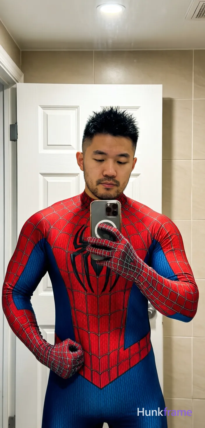 Asian man with light-medium skin and short black spiky fade hair, stubble, neutral expression eyes downcast. Standing facing mirror in bathroom interior, white paneled door behind beige tiled wall. Wearing full-body red blue Spider-Man textured spandex suit, black spider emblem on chest, web-patterned gloves covering hands to wrists. Left hand on hip with fist clenched, right arm raised holding silver smartphone against chest framing face and upper torso. Vertical phone-crop showing head to mid-thighs center-left occupying majority of frame. Soft overhead bathroom lighting evenly illuminates suit texture. Casual self-assured focused mood mirror selfie aesthetic full-bleed vertical composition clean negative space screen-safe vivid mood., shot on iPhone 15 Pro main camera, authentic smartphone computational photography, natural Smart HDR, vertical 9:16 Xiaohongshu lifestyle post, bright clean gym or cafe scene, wardrobe matching reference outfit, confident everyday blogger pose, phone photo with natural grain, Xiaohongshu mirror selfie, phone visible, soft ring light, authentic iPhone portrait mode bokeh, phone held naturally in one hand for selfie, phone visible in frame, a single uninterrupted photograph only, no written words or typography anywhere in frame, no captions, no app UI, no social-media post layout, no screenshot borders