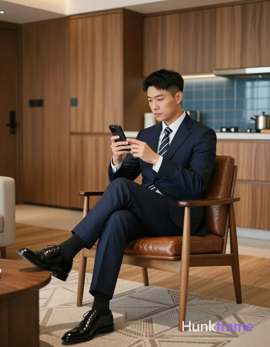 Asian man with short black straight hair and neat side parting, clean-shaven face, seated in wooden-framed armchair with brown leather cushion; He wears a dark navy blue single-breasted suit jacket over a white collared dress shirt, matching trousers rolled at cuffs revealing socks, patterned tie in black and white diagonal stripes, and black patent leather oxford shoes; Right leg crossed over left knee resting on low coffee table, holding black smartphone vertically with both hands near chest level, thumbs interacting with screen; Full-body shot from head to feet, right-center foreground facing leftward but gaze directed downward at phone; Modern interior space featuring floor-to-ceiling wooden cabinetry in warm brown tones, geometric-patterned rug underfoot, kitchen area visible behind subject with blue-tiled backsplash illuminated by soft ambient indoor illumination; Clean composition with balanced negative space and natural depth of field keeping subject sharp against softly blurred background; single clean uninterrupted photograph with a cohesive editorial composition and plain continuous surrounding surfaces
