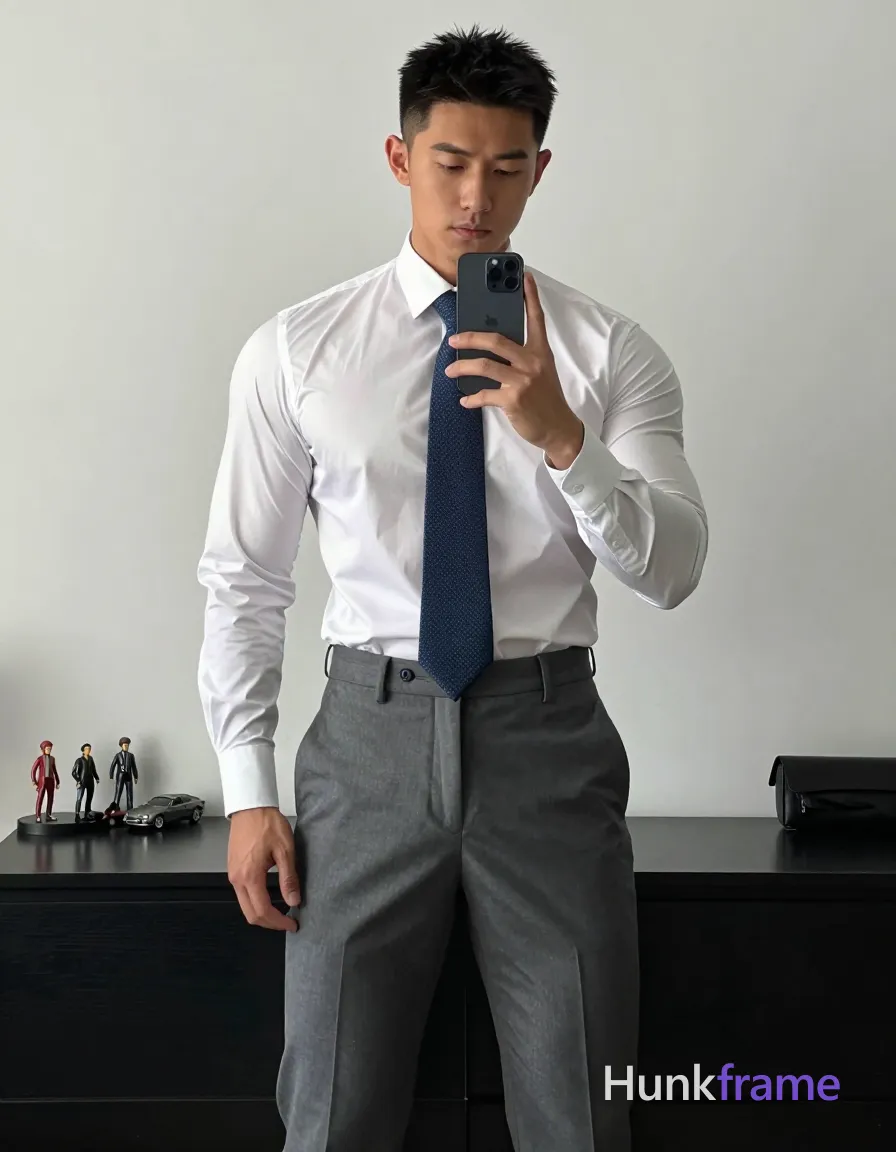 an anonymous figure man with light to medium tan skin and short spiky black hair stands in front of a mirror, fully clothed; He wears a white long-sleeve button-up shirt tucked into waistband, dark blue patterned tie knotted at collar hanging straight down center of chest, gray tailored trousers with front pleats and belt loops; Broad shoulders defined pectorals tight waistline visible under fabric; Standing legs slightly apart showing full-length trousers holding black smartphone vertically with right hand thumb near screen edge capturing mirror reflection left arm relaxed by side neutral focused gaze at phone screen indoor room plain white wall background dark console table behind subject displaying small figurines car model bottle wallet on glossy surface soft directional light from left side creating subtle shadows on right shoulder and torso even ambient fill lighting minimizing harsh contrasts clean lines sharp focus on subject mirror reflection framing technique confident polished minimalist aesthetic fashion editorial tone homoerotic undertones through pose and physique emphasis 13:19 aspect ratio vertical; single clean uninterrupted photograph with a cohesive editorial composition and plain continuous surrounding surfaces