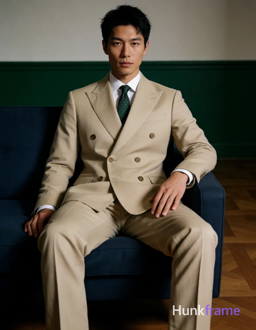 Photograph of exactly 1 adult man. Man 1: Asian, light-medium, oval with defined jawline, short black hair, slightly tousled on top, clean-shaven sides and back, clean-shaven, chin and upper lip smooth. Man 1 has fully exposed eyes, eyebrows, temples and nose bridge. slim Asian build with short black hair seated confidently on dark blue sofa. left leg extended flat right knee bent inward torso slightly reclined against backrest. double-breasted beige suit jacket brown buttons white dress shirt dark green patterned tie. full-body vertical portrait 13:19 aspect ratio centered horizontally occupying majority of frame. indoor studio space featuring parquet wood flooring deep green wall bands, minimalist backdrop. soft directional front-left light creating subtle shadows on face and suit folds emphasizing texture. high-fashion editorial aesthetic with clean lines textured fabrics rich color palette confident mood