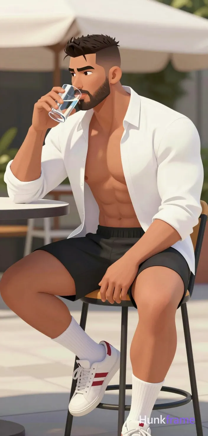 Asian man with light-medium skin and dark brown short hair styled high, clean-shaven face gazing contemplatively left. Seated sideways on a metal bar stool outdoors under white canopy; right leg bent flat, left thigh crossed over knee showing thick muscular definition. Wearing open white long-sleeve shirt exposing upper chest pectorals, black athletic shorts above knee, white crew socks mid-calf, white sneakers with red stripes holding clear glass near mouth. High-resolution 2.5D anime rendering of sculpted shoulders and torso against neutral tiled patio background., same aesthetic theme and photo feel as the reference but a different man in a different pose with distinct body proportions, Middle Eastern man, tan skin, dark beard shadow, muscular but natural proportions, a single uninterrupted photograph only, no written words or typography anywhere in frame, no captions, no app UI, no social-media post layout, no screenshot borders