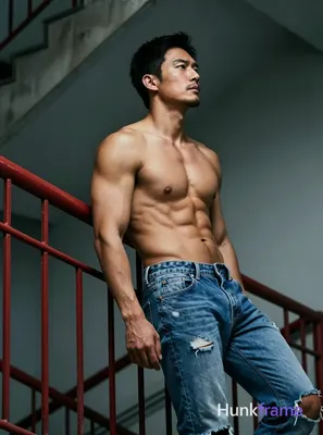 An Asian man with short black hair and light stubble leans back against a red me