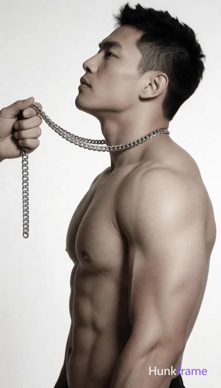 Heavily muscular adult man with substantial muscle mass, wide shoulders, thick neck, large chest and arms, powerful thighs, and dense bodybuilding proportions; Asian man with light to medium tan skin and short textured black hair, clean-shaven face; Standing in profile facing left, torso upright but relaxed, head tilted upward slightly back, eyes gazing up at a silver chain necklace held by an unseen hand entering from the left edge; Shirtless adult male defined pectorals separating clearly from deltoids, visible abdominal musculature including rectus abdominis segments and obliques, broad shoulders tapering to narrow waist, thick triceps with vascularity; Waist-up portrait occupying right two-thirds of frame against a plain background; left third shows the hand holding chain ring; High-key studio lighting with soft shadows emphasizing anatomy and form, monochromatic palette dominated by skin tones and metallic accents; Athletic photography focusing on defined strength; single clean uninterrupted photograph with a cohesive editorial composition and plain continuous surrounding surfaces