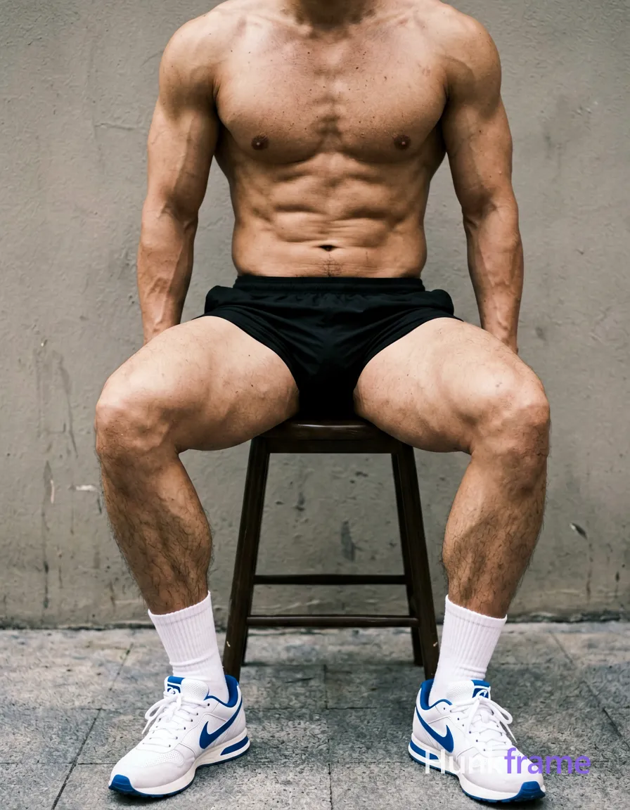 A handsome masculine man with a compact athletic build and emphasis on his legs. The subject is shirtless, showing defined abs and thick muscular thighs. He wears black athletic shorts, white crew socks, and white sneakers with blue accents. Seated on a stool against a plain wall in an urban outdoor setting, the image captures soft lighting that creates a relaxed mood. The torso-only crop highlights his physique while maintaining a natural skin texture with pores and subtle blemishes., wearing underwear or swim trunks, covered genitals, no frontal nudity