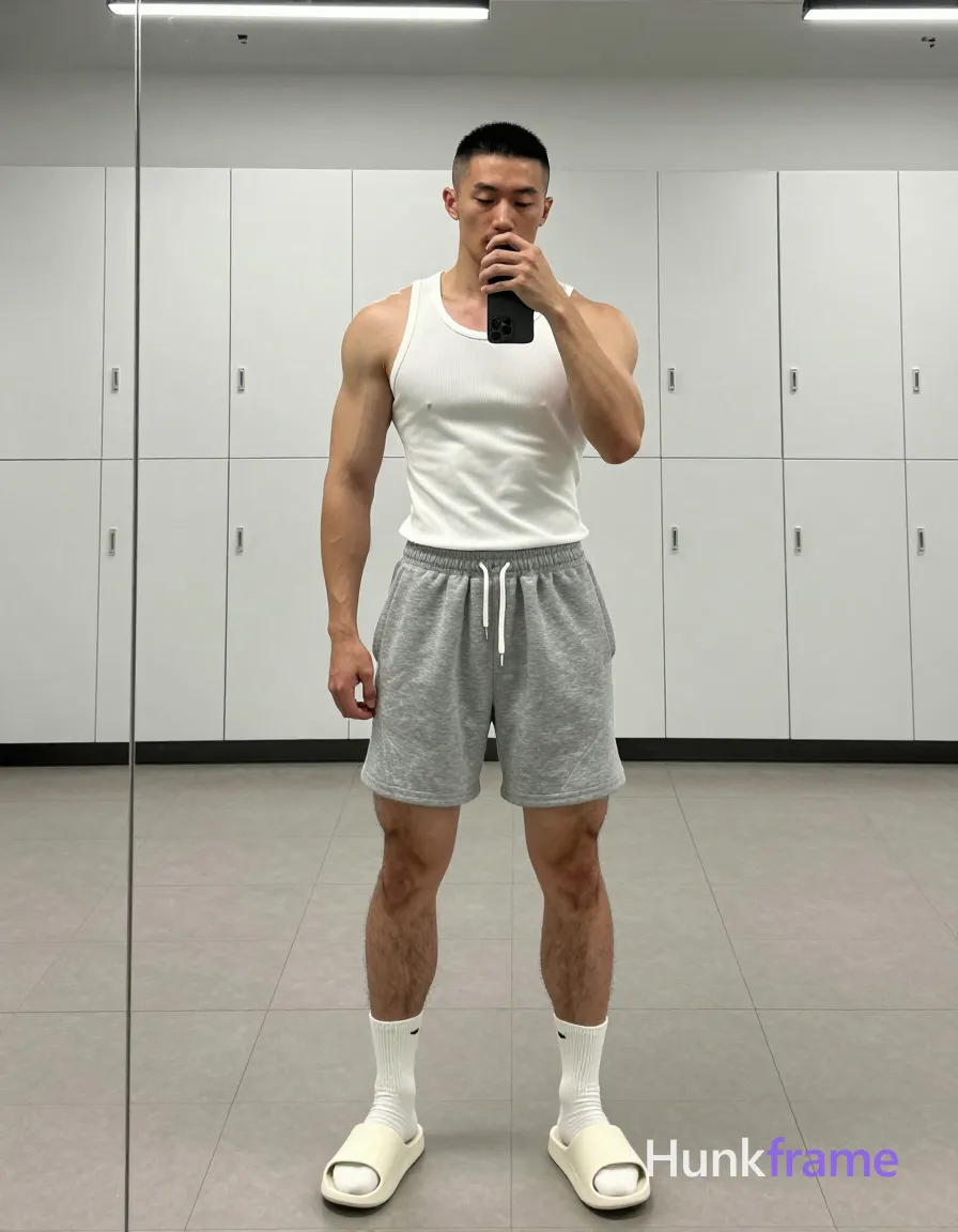 Asian man with short black buzz cut and light stubble stands full-body in front of a large mirror, facing forward with slight torso rotation left; He wears a white ribbed cotton sleeveless tank top exposing broad shoulders, defined pectorals, vascular arms, and neck; grey heathered sweatpants with drawstring sit at the waist over thick thighs clad in white crew socks pulled to mid-calf and white slide sandals; Right arm bent holding black smartphone vertically against chin taking a mirror selfie while left arm relaxes by side; Indoor locker room setting with white lockers and tiled floor under overhead fluorescent lights creating even illumination and soft shadows; High contrast between skin tones and clothing, minimalist composition centered on physique within the reflection; single clean uninterrupted photograph with a cohesive editorial composition and plain continuous surrounding surfaces